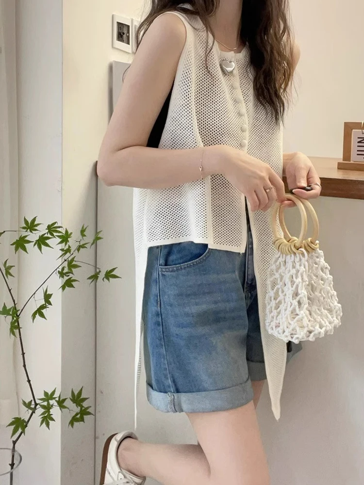 Ele Hollow out Irregular Knitted Vest Unique Design Loose Slimming Top Korean Sle Button Detail Silk Women's Summer irt