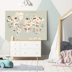 Animal World Map Nursery Wall Art Canvas Painting Pictures Kids Room Decor Scandinavian Posters and Prints Cute Animals Cartoon