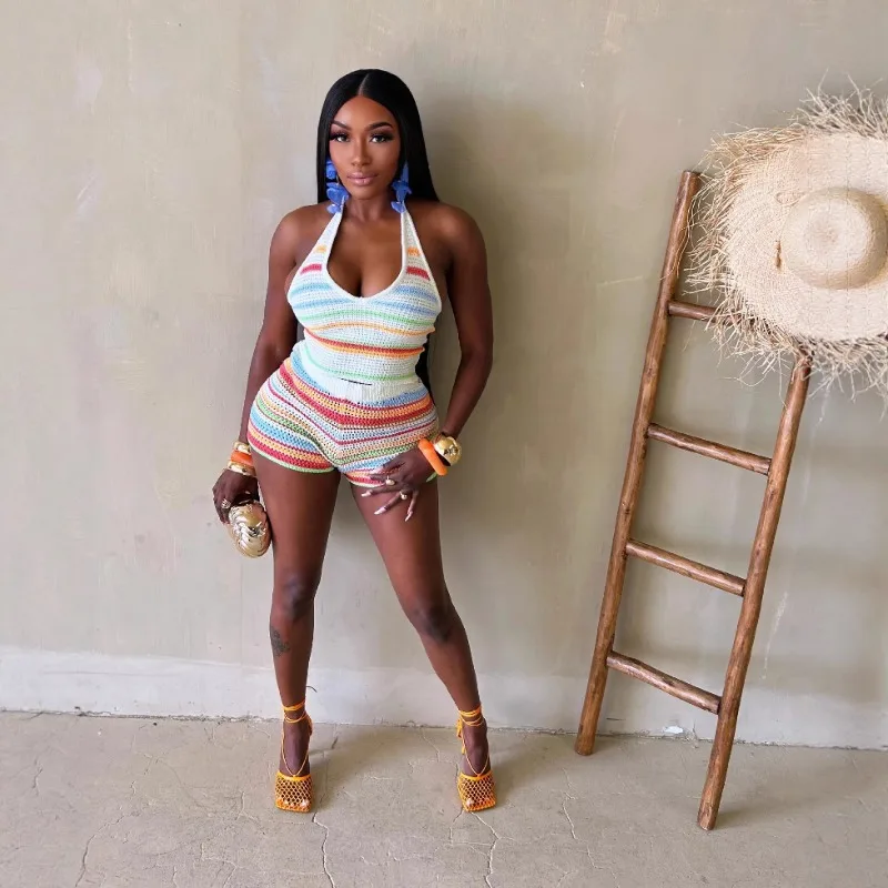 

Colorful Striped Knitted 2 Piece Set Women Summer Hollow Out V-neck Lace Up Halter Backless Tank Crop Tops + Shorts Street Suits