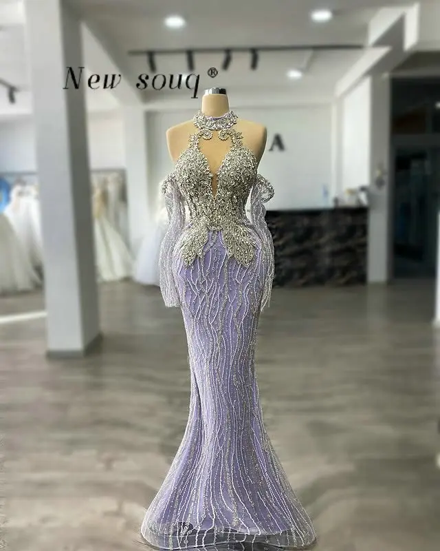 

Бледно-лавандовые длинные вечерние платья русалки с открытыми плечами и серебряными кристаллами, арабские вечерние платья из бисера для свадьбы по индивидуальному заказу
