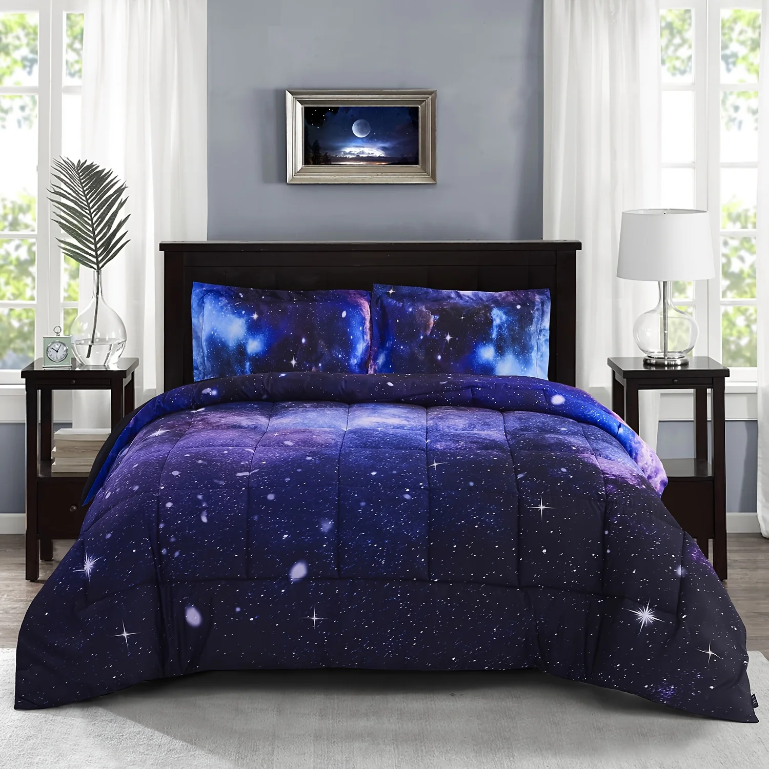 3D Bedding Set 2/3pcs Galaxy Print Comforter Set: Queen Size:1 Comforter- 90x92 inches, 2 Pillow shams-20x26 inches