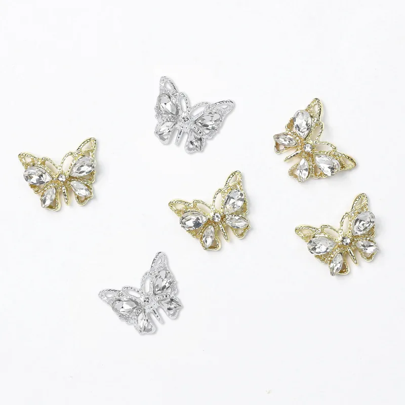 Nuevos accesorios para uñas de mariposa, piedras preciosas de diamante con incrustaciones de Metal, purpurina hecha a mano, juego de aleación de circón de imitación, polvos acrílicos