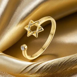 YILUOCD Hollow Hexagon Zircon Jewish Ring for Women Magen Star of David Adjustable Rings Promise Jewelry Gift