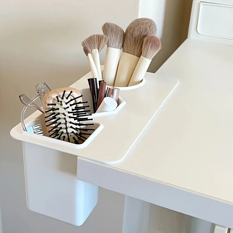 Plastic Desk Organizer with 3 Compartments, Stick-On Storage Box, Large Capacity for Makeup Brushe, Lipstick, Pen, Home Office