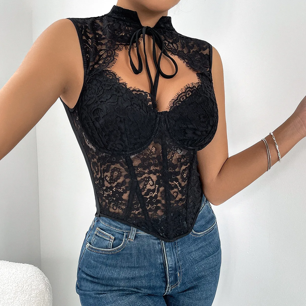 Women Lace Mesh Corset Tops 2024 Summer Fashion Sleeveless Bustier Crop Tank Top Sexy Solid Lingerie Vest Slim Camisole Blouses