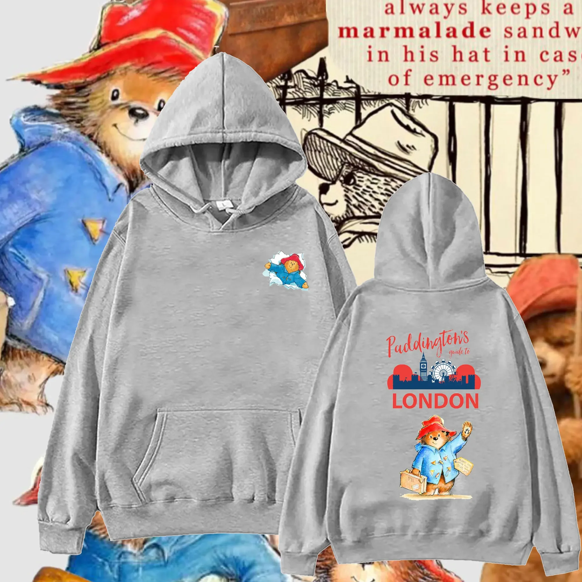 Paddington Bear in London Graphic Hoodied Printed Unisex Hoodie Double-sided Printing Loose Pullover Hoodies Spring and Autumn