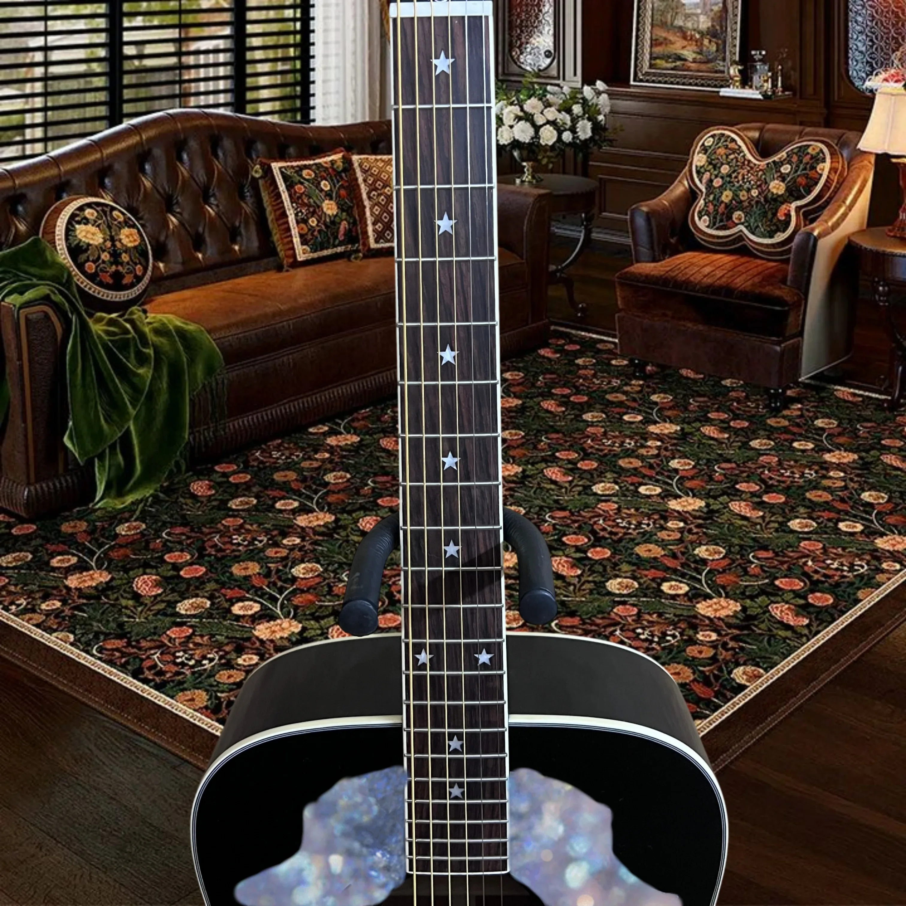 HB Acoustic Guitar Featuring Mother Pearl Inlaid Pickguard Mahogany Back Sides Rosewood Fingerboard Delivers Full Balanced Tone