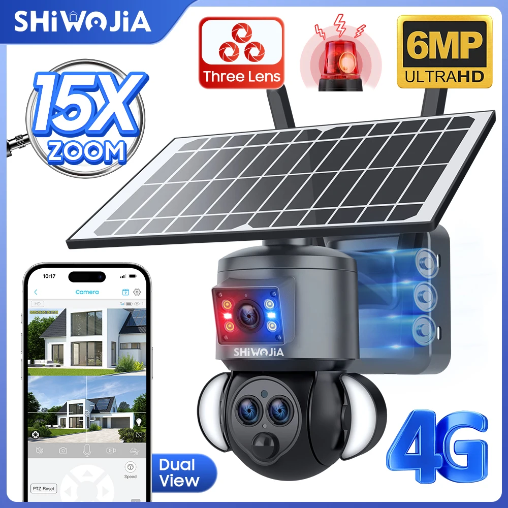 SHIWOJIA 15X Zoom 3-Lens Dual View 6MP WiFi 4G Solar Camera Mini Human Detection Outdoor Color Night Vision