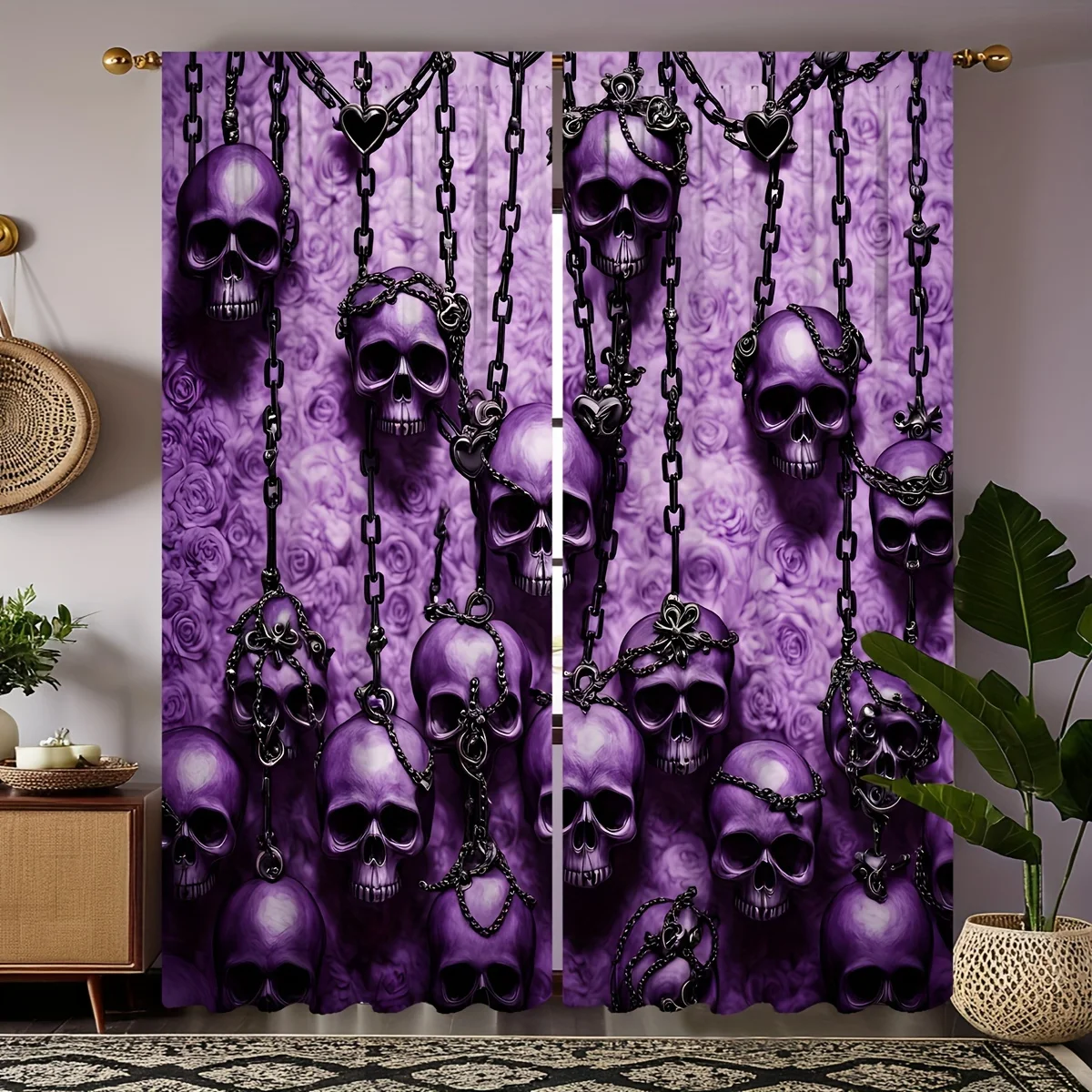 2PC Purple Gothic Skull & Chain Sheer Curtains – Pocket Rod,Digital Print Polyester for Bedroom & Living Room – All-Season Decor