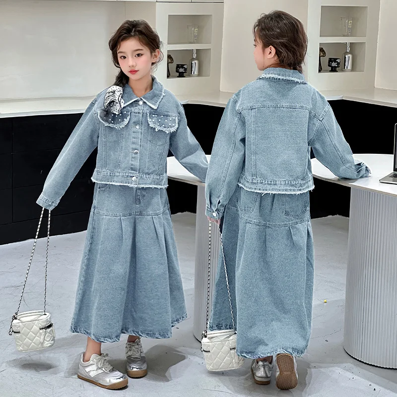 Fashion Kids Girls Denim Clothing Suit Skirt and Jacket 2 Piece Set for Teens Child Casual Streetwear Outfit Cowgirl Clothes Set