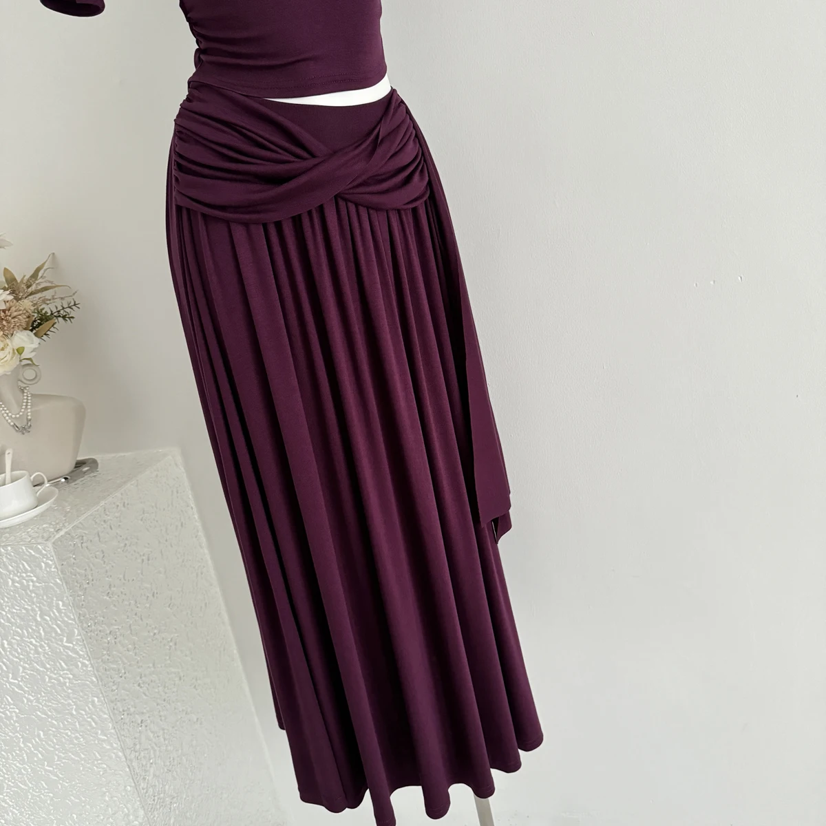 Qiukichonson bandagem design algodão maxi saia longa feminina 2025 francês vintage outono inverno cintura alta plissado saias plissadas