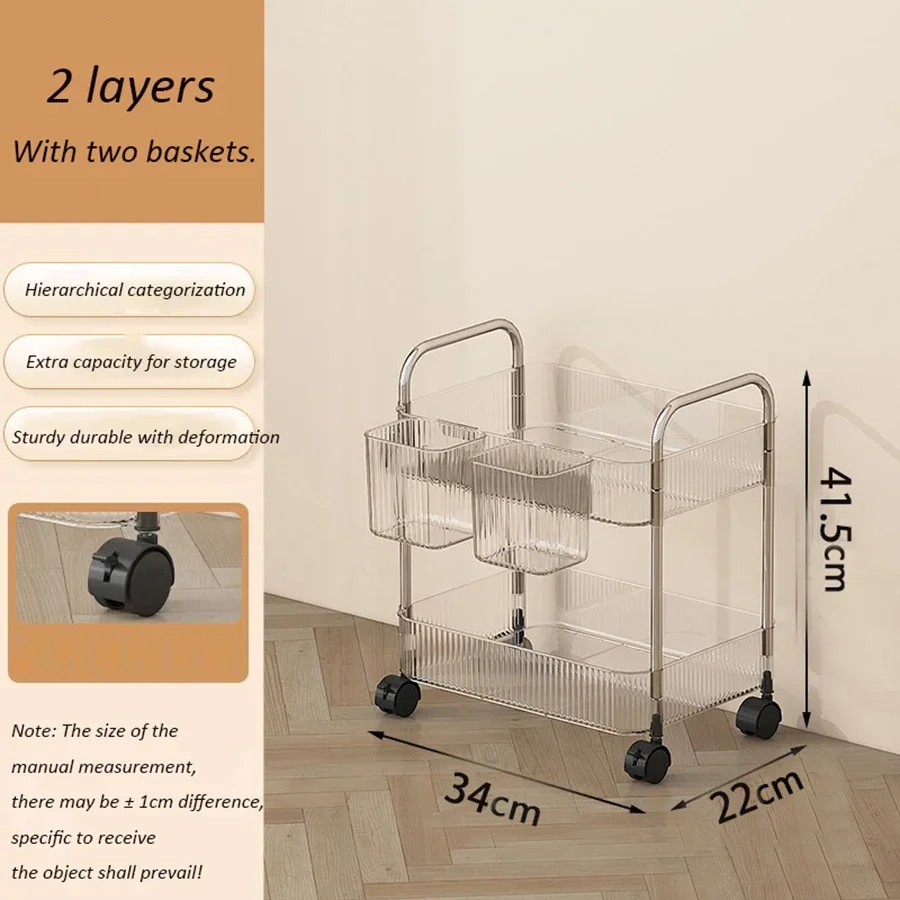 2/3/4Layers Light Luxury Storage Rack Trolley Transparent Acrylic Rolling Cart With Removable Hanging Baskets Snacks Bookshelf