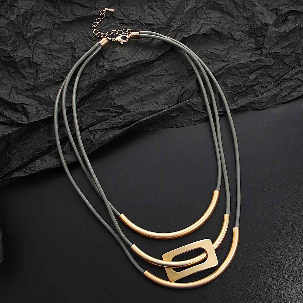 ALLYES Vintage Multilayer Leather Choker Necklace for Women Personality Gold Color Curved Metal Tube Necklaces Collares Jewelry