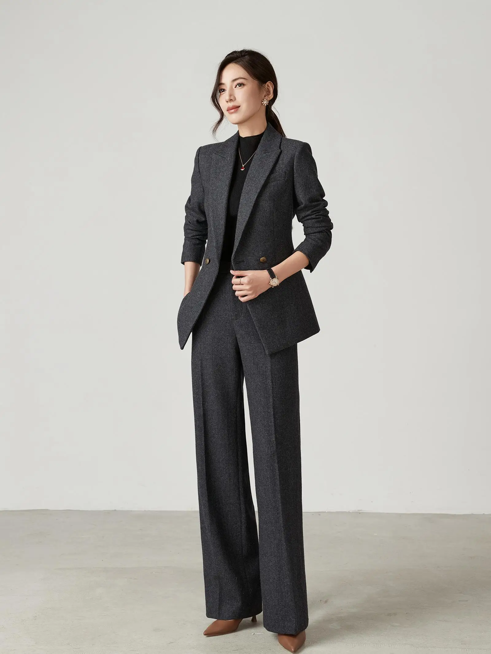 

Winter Thiened Woolen Deep ey Herringbone Women's Suit Set Profional Formal Commute Sle Long Sve Double Breasted