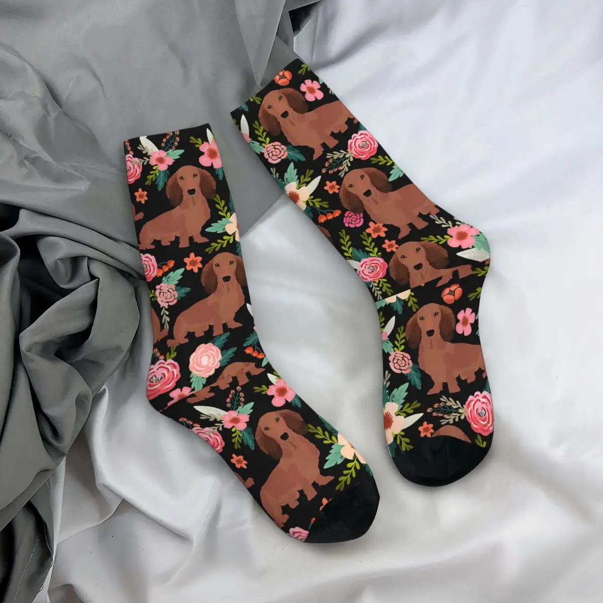 

Men Socks Dachshund Dogs with flowers Stockings Autumn Fashion Quality Socks Printed Running Sports Non Skid Socks