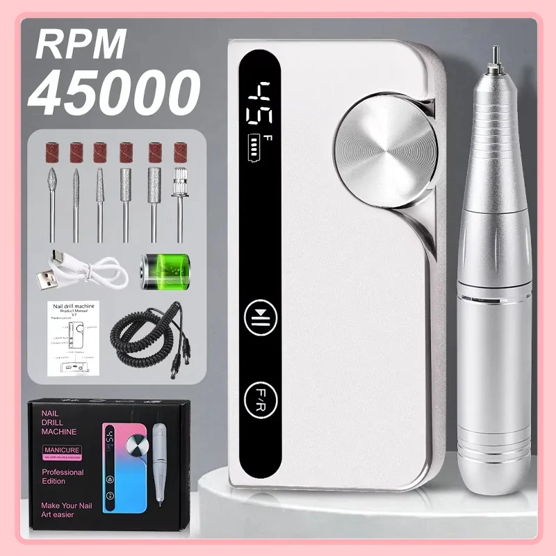 

45000RPM Rechargeable Nail Drill Professional Low Noise Polishing Nail Machine Suitable for Gel Nail Polish Polishing Tool