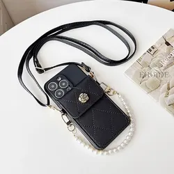 Pearl Strap Case For Samsung Galaxy S26 S24 FE S25 S23 Ultra S21 S22 Plus Wallet Card Flower Crossbody Cord Lanyard Bag Cover
