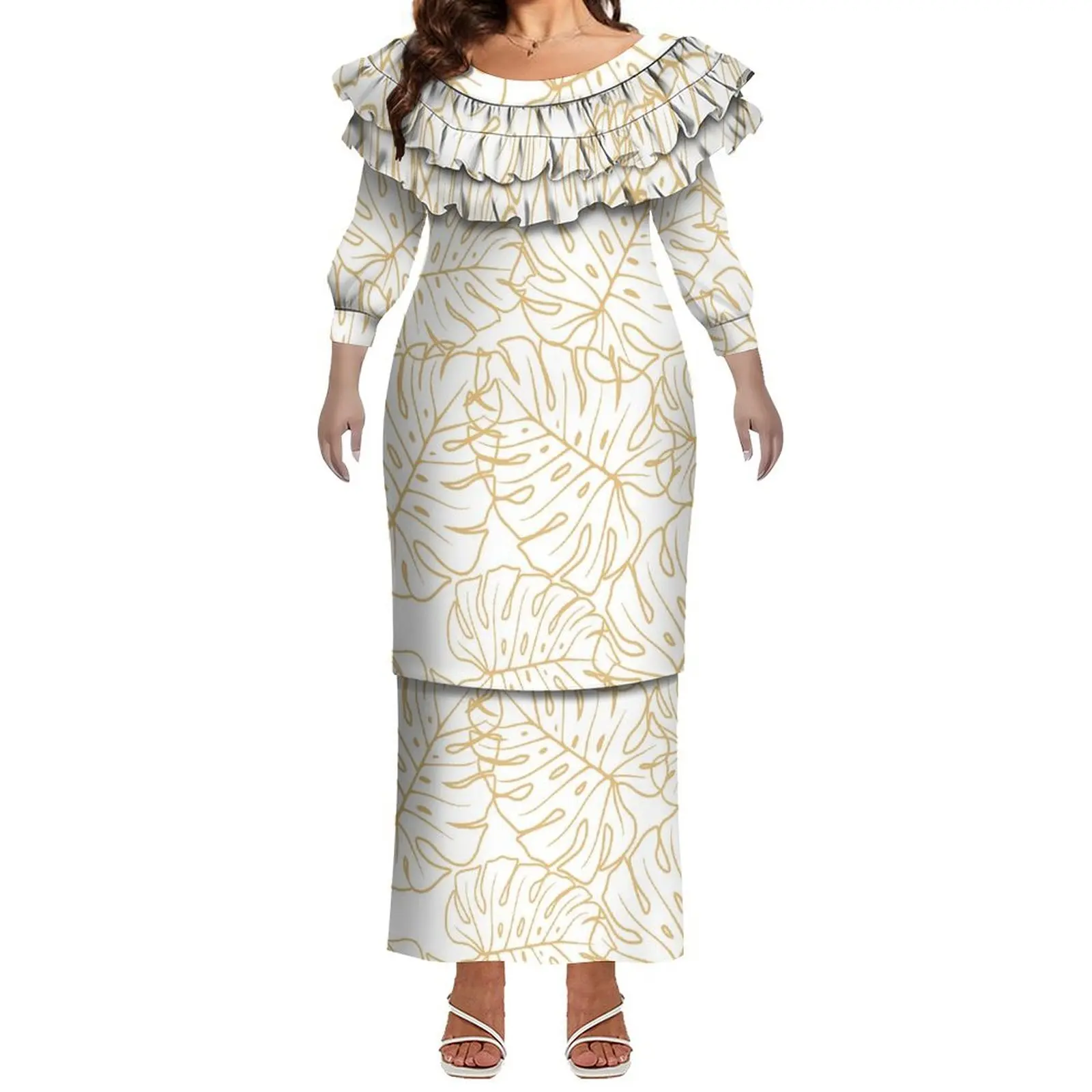 Novo atacado personalizado tripulação pescoço vestido de manga longa tonga samoan puletasi vestido senhoras dupla camada folho vestido casual duas peças