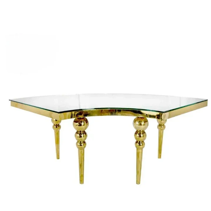 luxurious S-shaped glass top table with gold legs is perfect for elegant and stylish wedding events