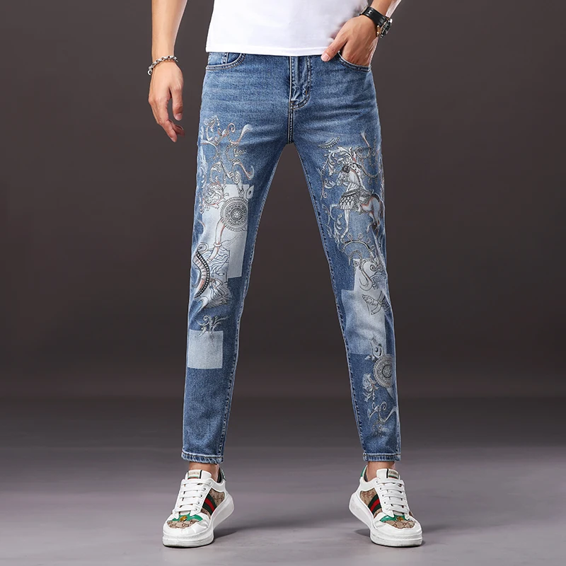 

CJ8836 High end trendy printing combined with distressed slim fit jeans, men's craft jeans, personalized small leg pants
