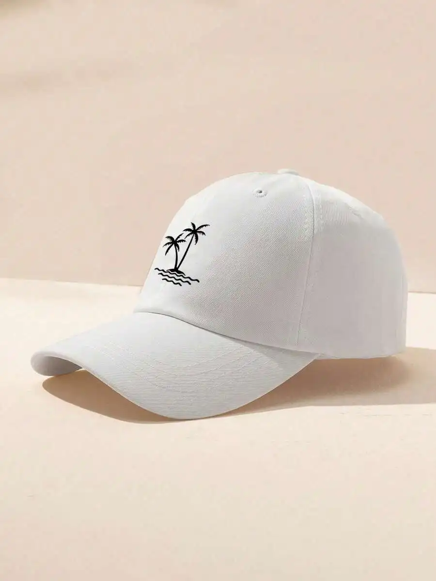 

White Printed Palm Tree Baseball Cap Adjustable Casual Sun Hat For Summer Beach Travel