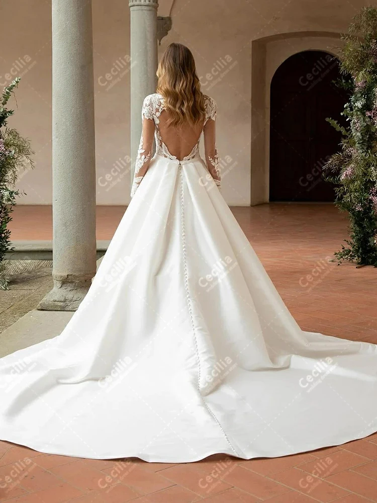 エレガントなウェディングドレス A ラインサテンブライダルドレスレースアップリケフルスリーブローブフォーマルパーティー用カスタマイズされた Vestidos デノビア