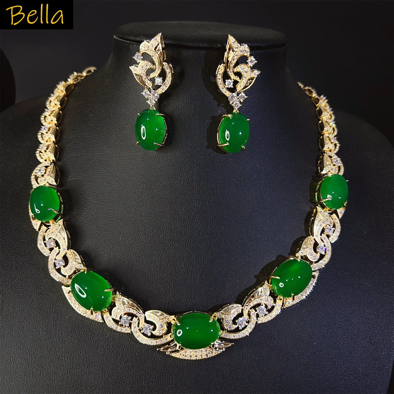 

green red artificial gemstone jewelry sets necklace earrings gold color vintage jewelry wedding bride dinner party women