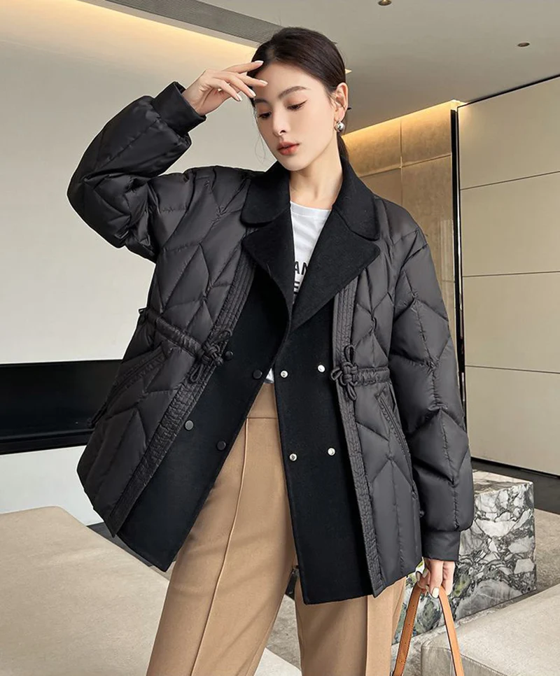 2023 Women New Korean Collar Folds Casual Vintage Down Coat Large Pockets Solid Color Original Down Coat