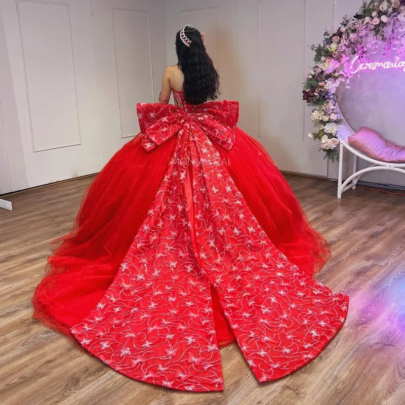 فستان Mexico Quinceanera أحمر مع حبات دانتيل ، فساتين كرة رسمية حلوة ، أميرة حبيبة ، قوس كبير ، حفلة عيد ميلاد ، 15 سنة