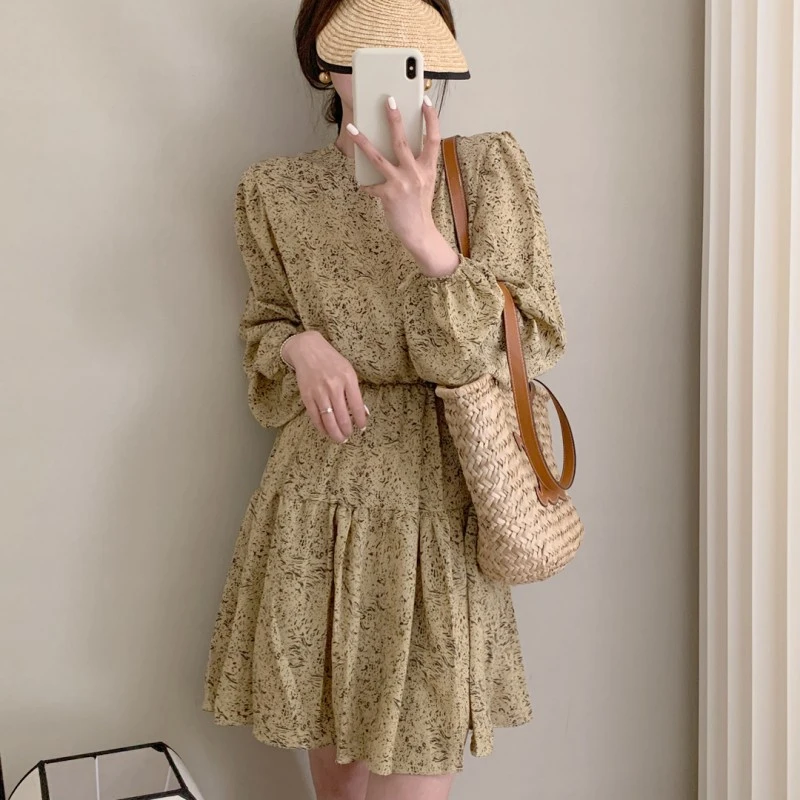 Slimming Floral Print Vintage Dr Women's High Waist A-Line Skirt Long Sve Bubble Sve Commute Sle Mid-Length Dr