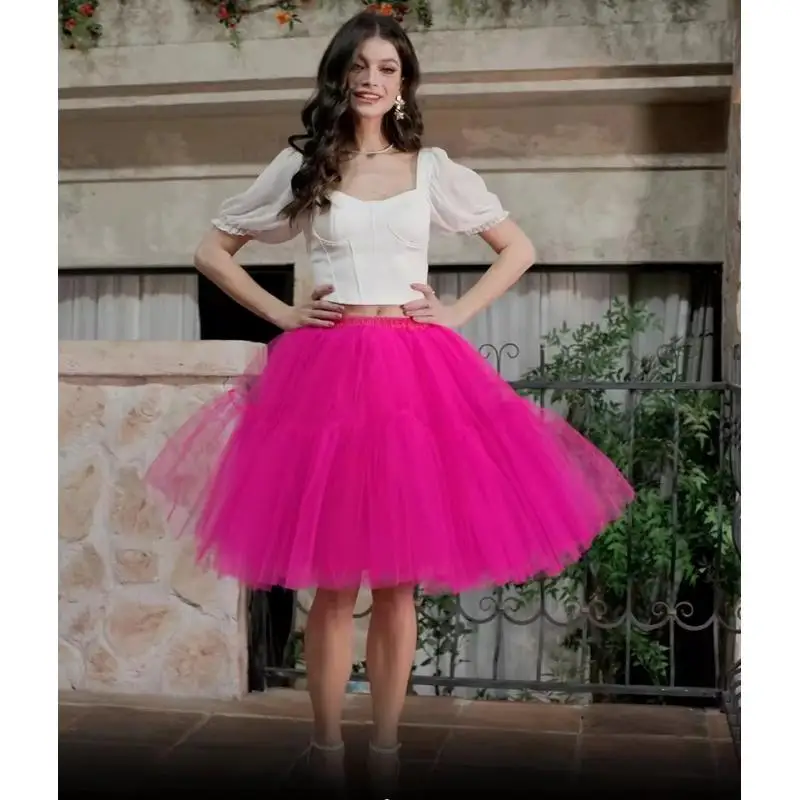 MisShow 6 Layered Tulle Tutu Skirts Petticoat Elastic Waist Knee Length Pleated Skirt Halloween Rockabilly Party Midi Half Slips