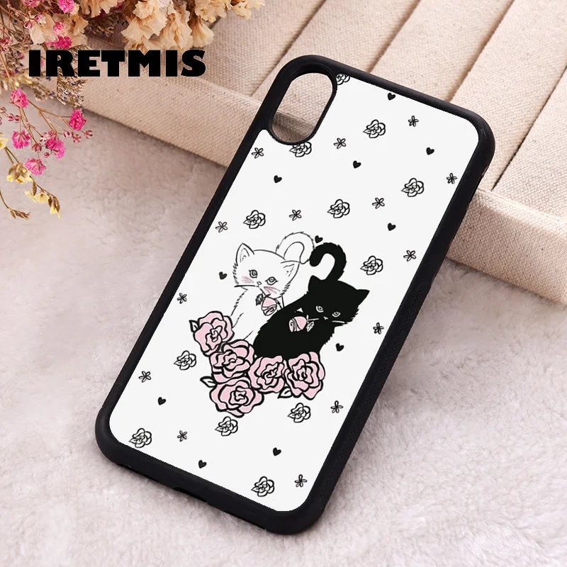 Iretmis Phone Cover Case for iPhone 6 6S 7 8 PLUS X XS XR 11 12 13 MINI 14 15 PRO MAX Rubber Black and White Kittens