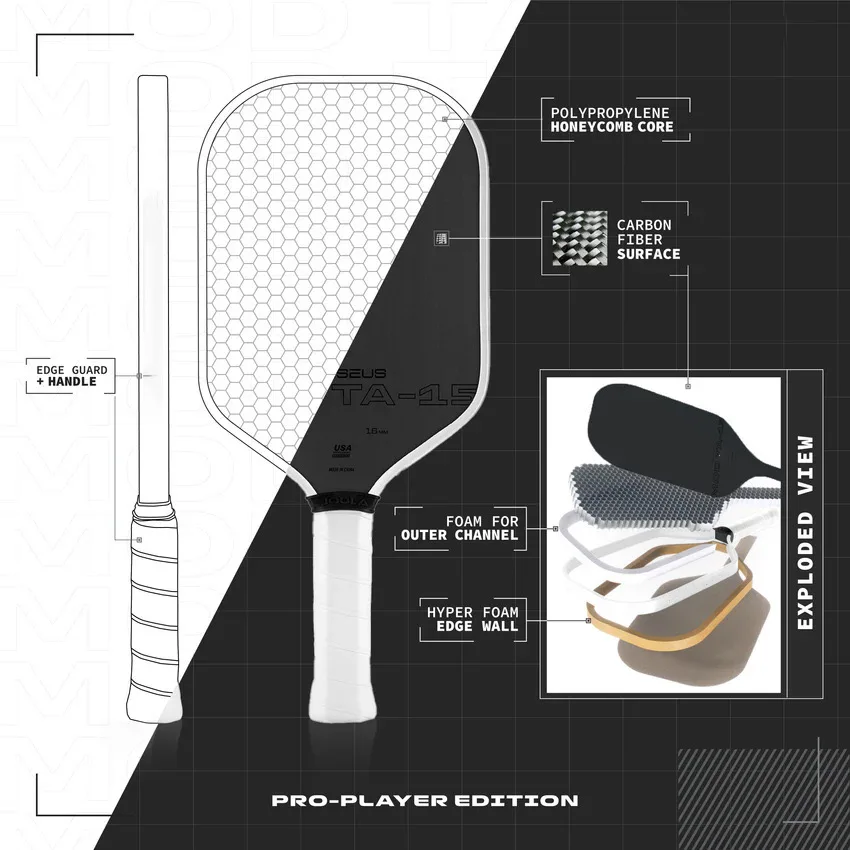 PERSEUS MOD TA-15 T700 Carbon Fiber Pickleball Paddle Carbon Friction Surface 16mm Polymer Core Enhanced Power&Spin&Control