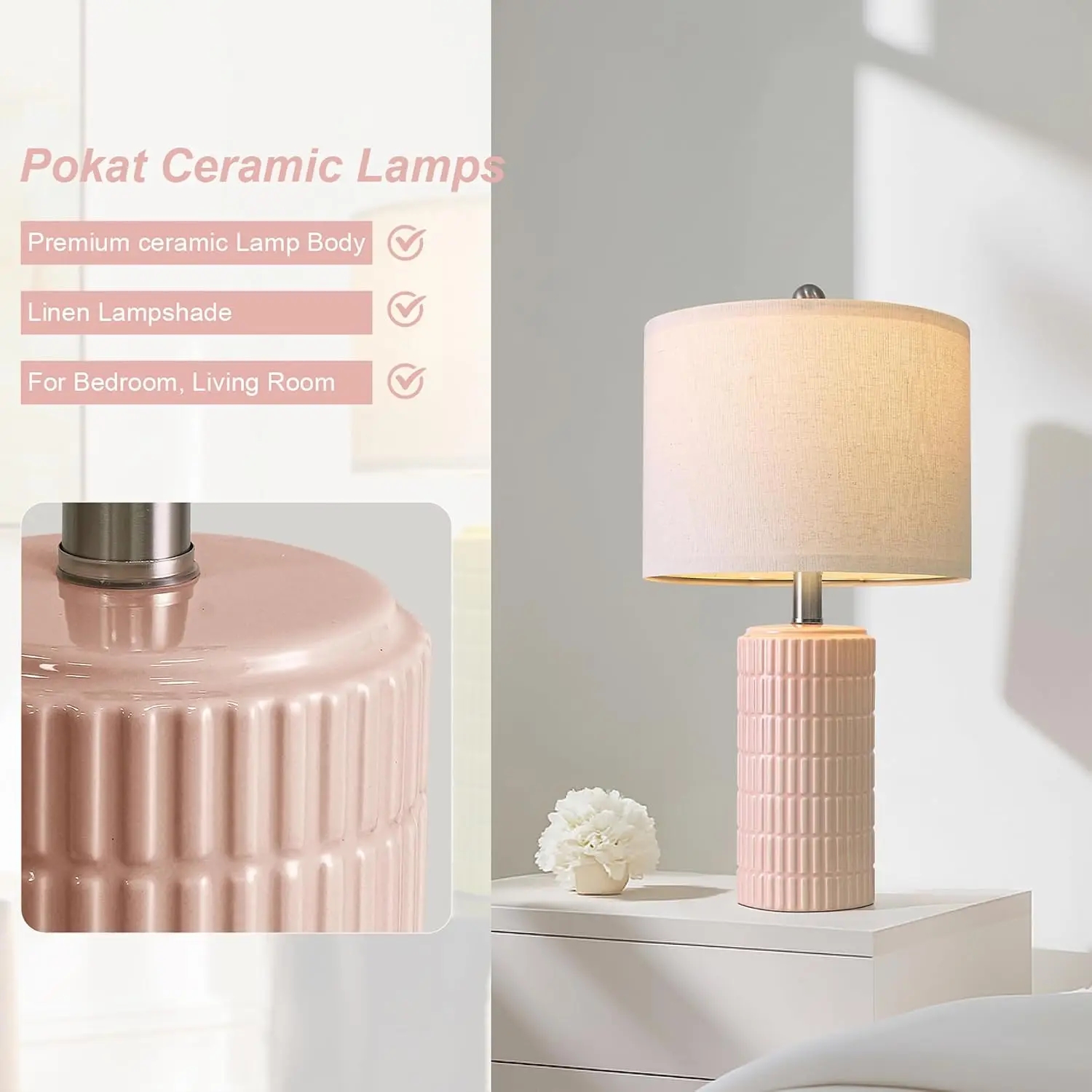 20.75" Pink Ceramic Table Lamps Set of 2, Small Modern Bedroom Lamps for Girls Room, Bedside Lamps for Night Stands view 6