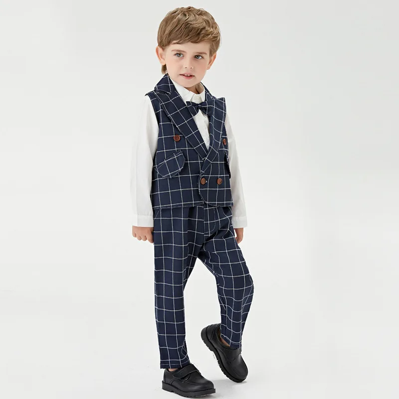 

Navy Blue Plaid Children Boy Suits Autumn 1-8Y Boys Wasitcoat Bow Shirt Pant 3PCS Wedding Suit Kids Boys Slim Fit Formal Suits