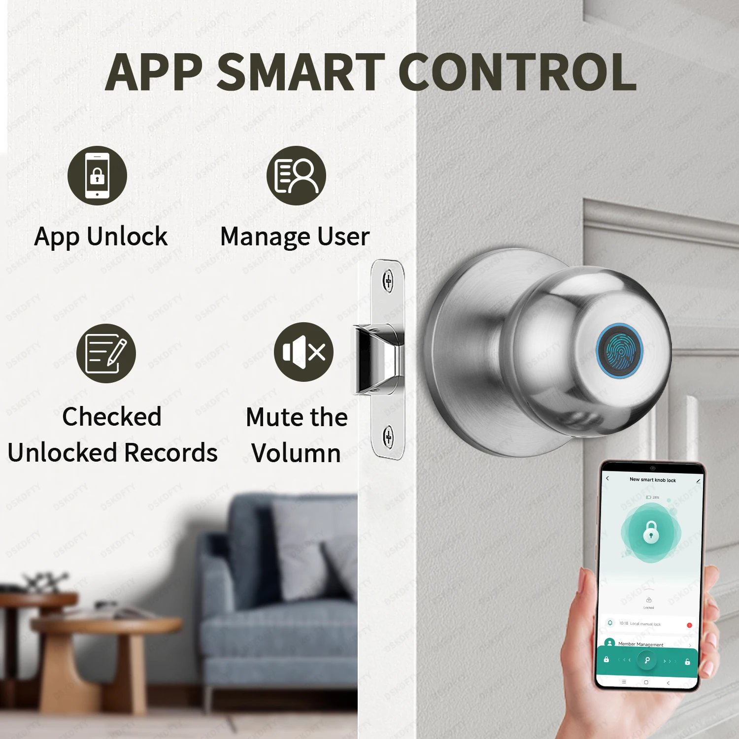 Fingerprint Door Lock, APP Smart Fingerprint Door Knob with Lock, Biometric Door Lock for Bedroom, Front Door, Home, Apartment