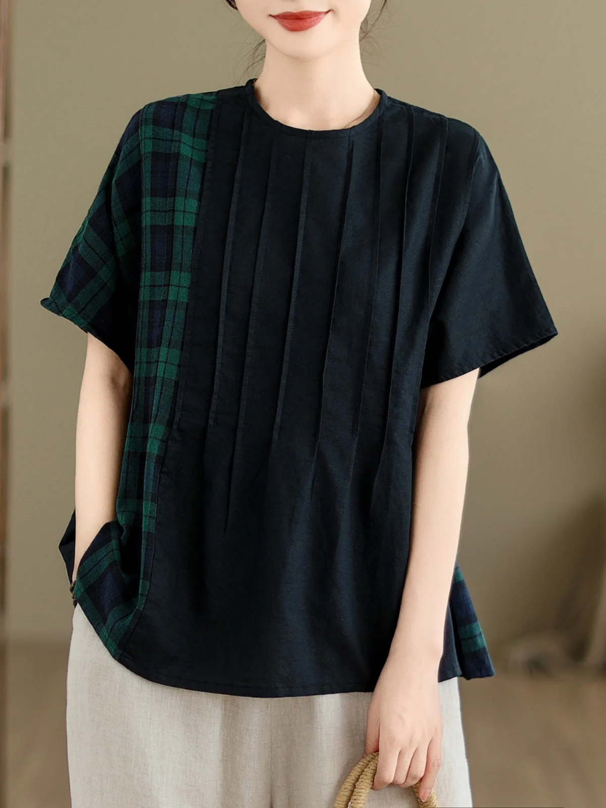 Camiseta de talla grande para mujer, camiseta redonda de algodón y lino, Top Vintage a cuadros japonés, informal, Faion