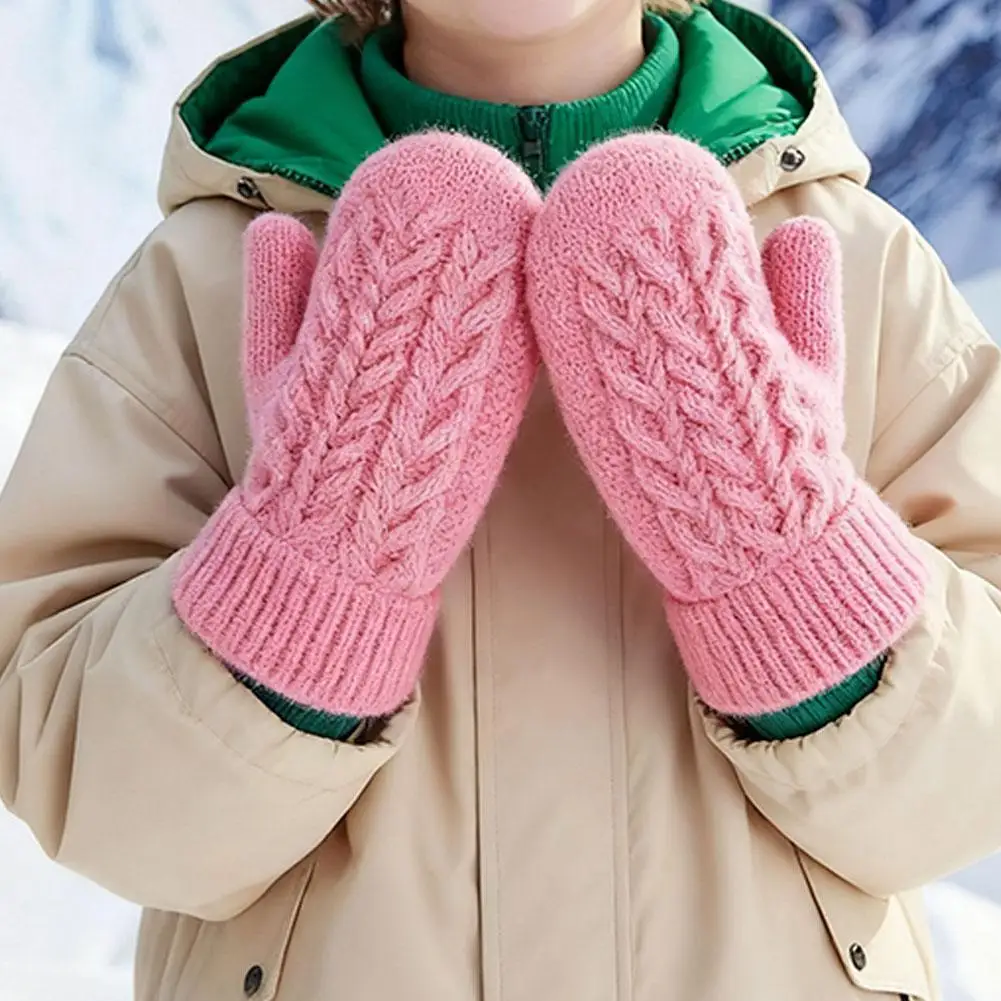 

Winter Baby Knitted Gloves Thick Warm Plush Lining Mittens for Kids Girls Boys Solid Color Crochet Hanging Neck Gloves