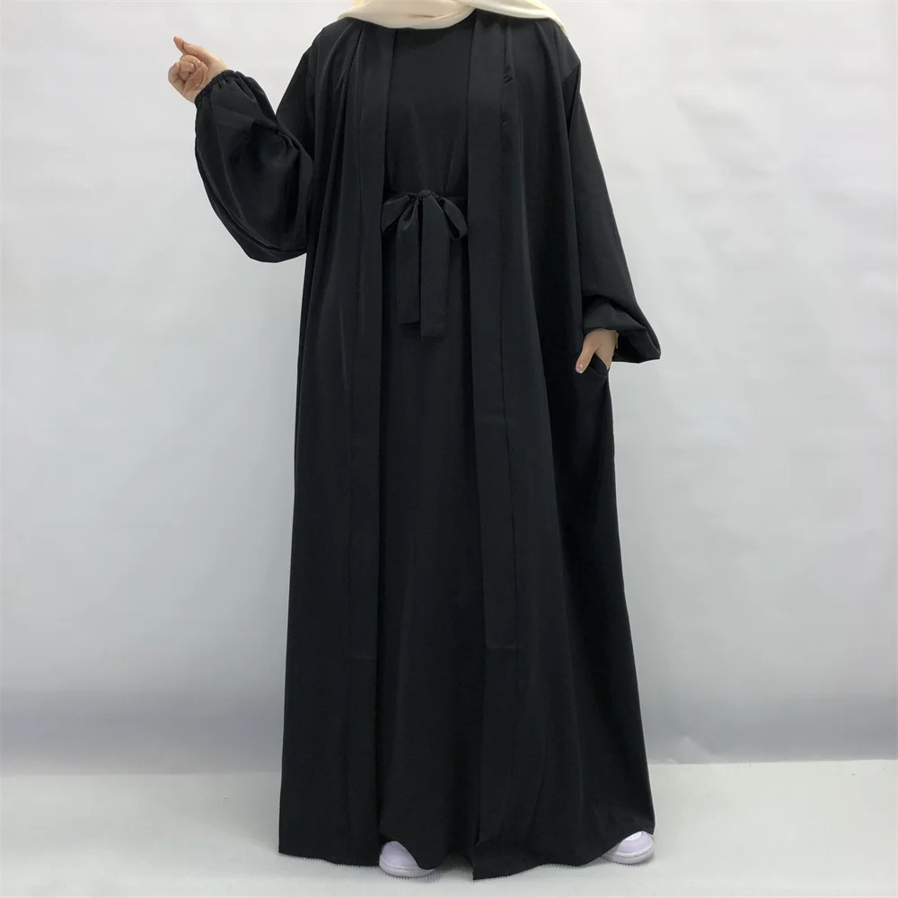 Dropshipping Nida 2 Piece Abaya Set Kimono Match Inner Slip Islamic Clothing Dubai Muslim Women Maxi Dresses with Belt Pockets