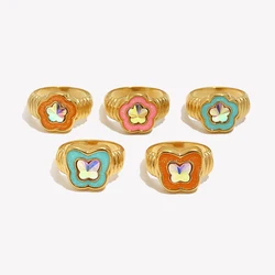 E.B.belle Cute Girl's Stainless Steel Zirconia Stone Pink Green Orange Flower Butterfly Ring Y2K Gold Jewery Rings For Women