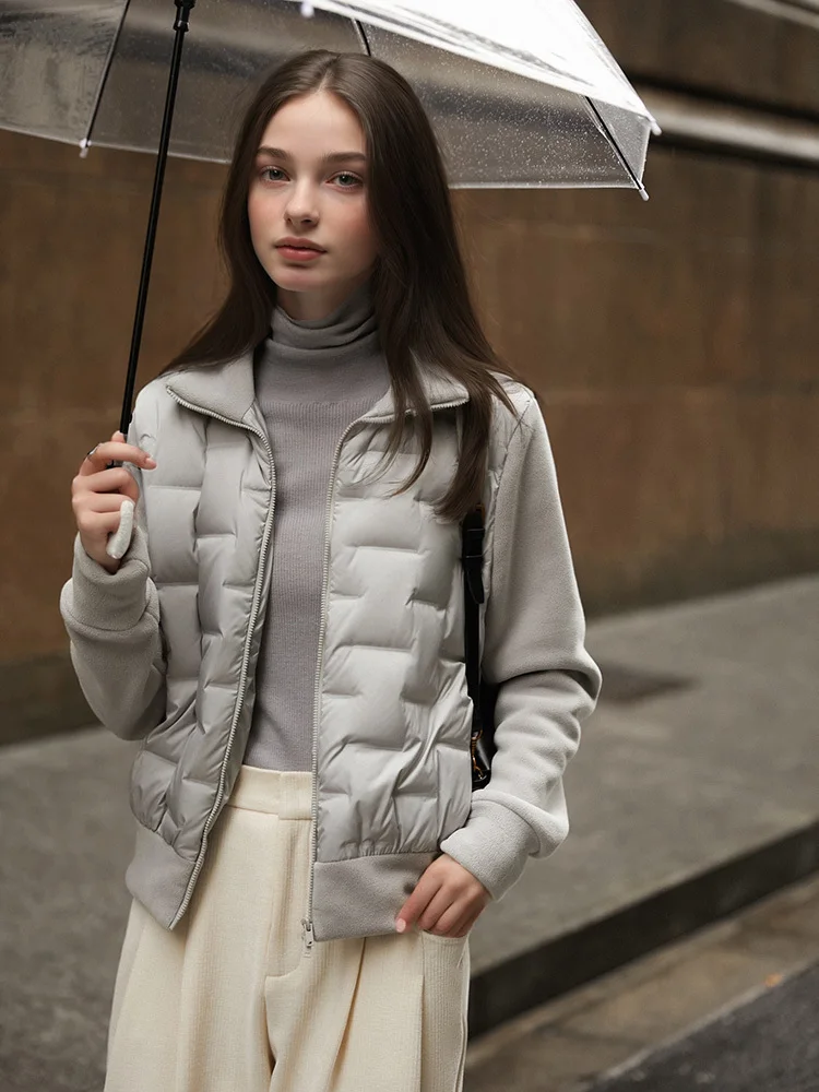 เสื้อแจ็คเก็ตขนเป็ดสั้นสำหรับผู้หญิง ผ้าฟลีซ คอตั้ง แต่งผ้าถักแบบแพทช์เวิร์ค ซิปหน้า อุ่น น้ำหนักเบา สไตล์ลำลอง