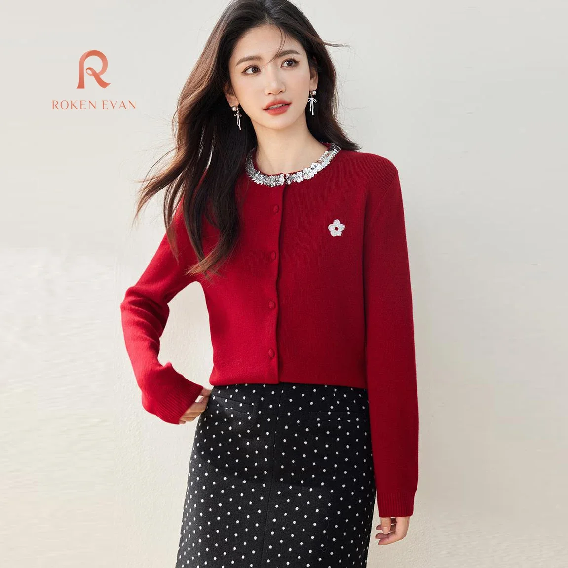 

ROKEN EVAN 2024 Autumn Women Red Elegant Sweet Sweater Female Korean Fashion Clothes Tops Shirts Feminino Cardigan