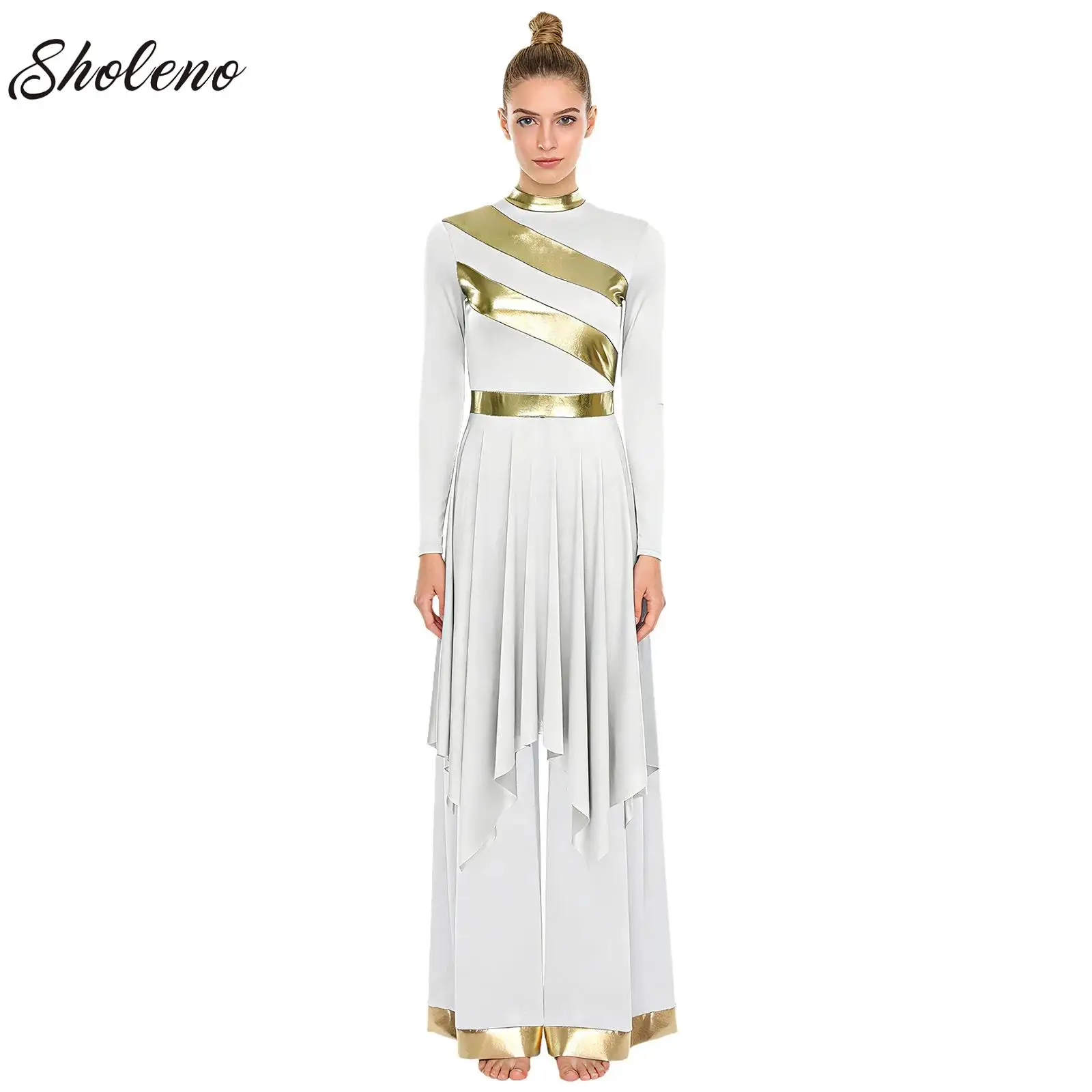 

Женское танцевальное платье для литургического хвалы с длинным рукавом, блестящая металлическая туника для поклонения и брюки, танцевальная одежда для церковного хора, вальса