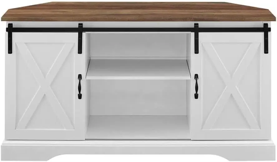 Soporte para TV moderno de madera de granja para televisores de 58', puertas corredizas de granero, 3 estantes, gestión de cables, espacio pequeño, roble/blanco