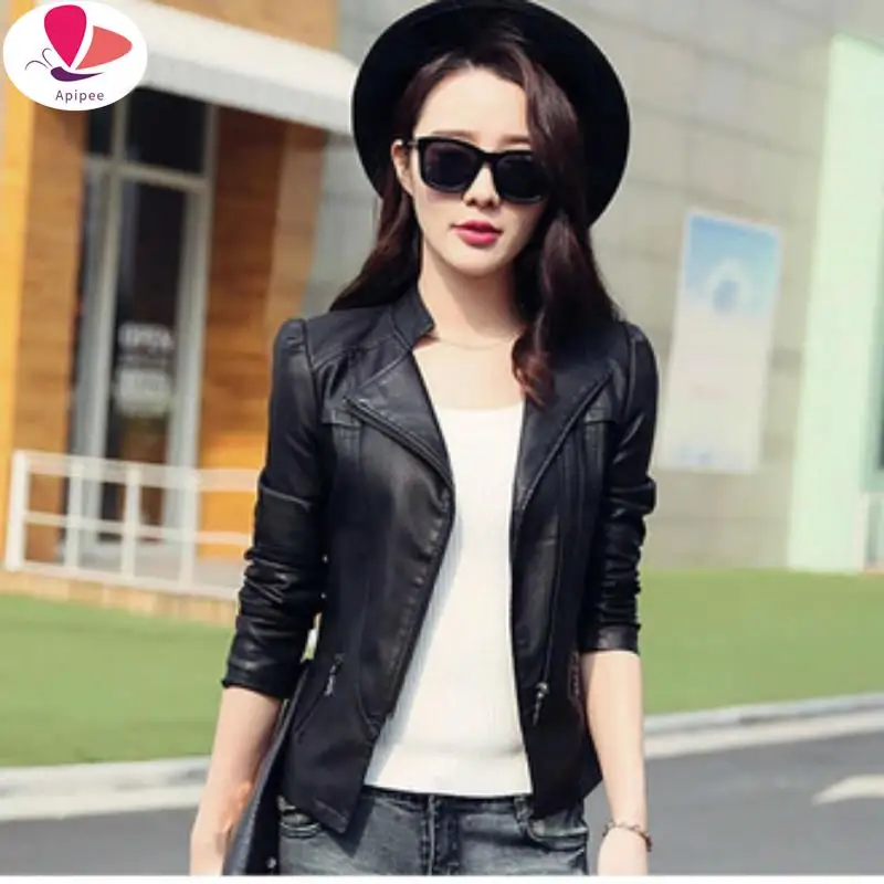 Moto Coat 2024 musim semi musim dingin wanita pendek ramping keren wanita jaket kulit PU wanita manis ritsleting Faux Femme pakaian luar