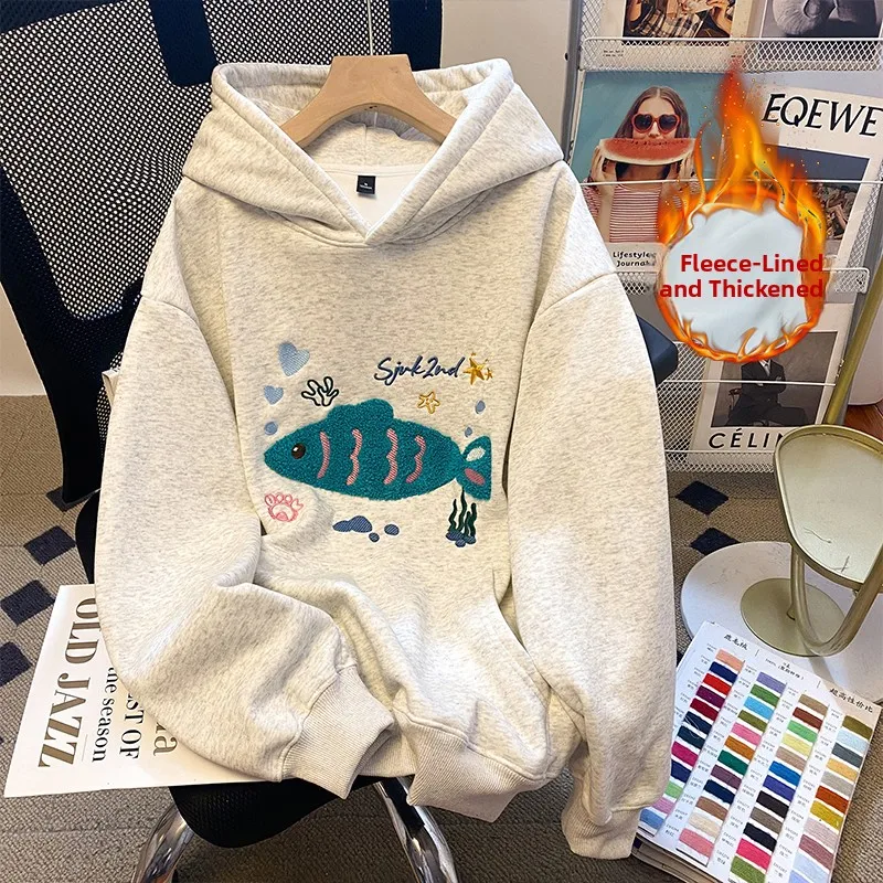 

Толстовка оверсайз с капюшоном и вышивкой, серебристый бархат, свободная посадка, осень-зима, уличная повседневная верхняя одежда