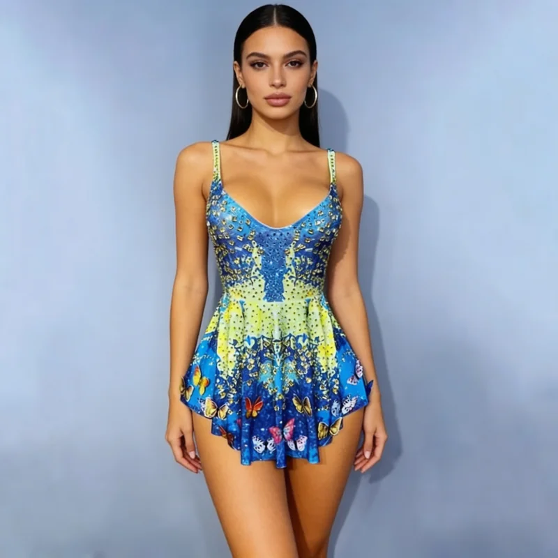 Women Blue Butterfly Rhinestones Mini Dress Halloween Party Nightclub Party Carnival Rave Outfit Singer Dancer Sexy Stage Dress