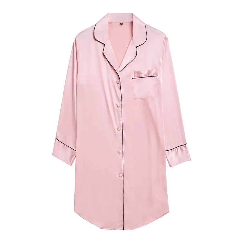 Sleepwear Long Sleeve Nightshirt Satin Sleepshirt Button Front Pajama Top for Women