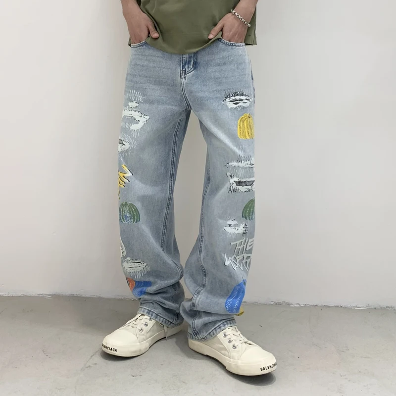 Street Trendy Personality Light Blue Pumpkin Pattern Denim Pants For Men Graphic Letter Printed New Jeans Male