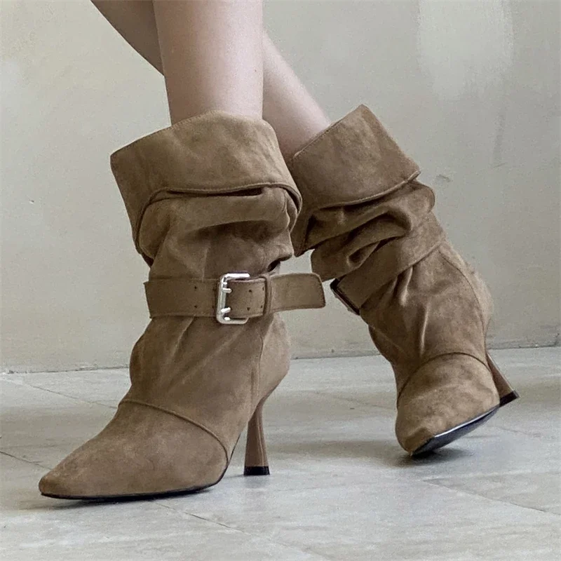 

Punk Pleated Buckle Strap Ankle Boots Women Sexy Pointed-Toe Faux Suede Design High Heels Fall/Winter Comfortable Shoes Women